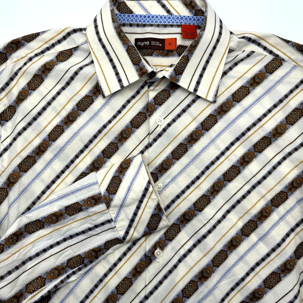 Nyne Button Down Mens XL Cream Brown Diagonal Stripe Medallion Paisley Shirt